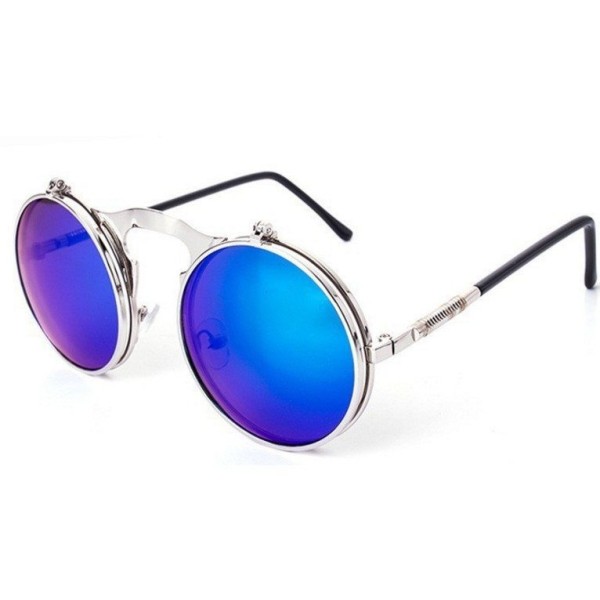 Steampunk Retro Circle Designer Metal Sunglasses Silver With Blue
